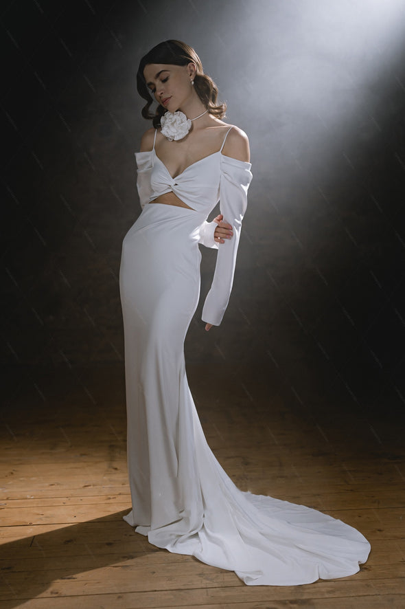 Soft Satin Long Sleeve Wedding Dresses With Special Cut at Waist Chic ZW1033