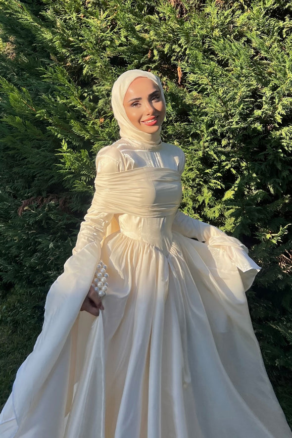#DZ9445  Taffeta Muslim Wedding Dress Long Sleeves