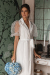 Tea Length Soft Satin Wedding Dresses Puffy Dot Tulle ZW971