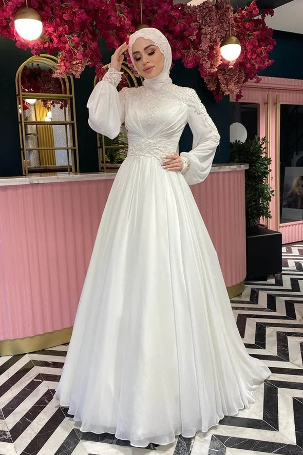 Chiffon Appliques Beaded Long Sleeve Muslim Wedding Dresses