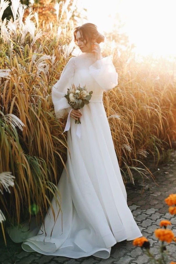 high neck organza wedding dress Wedding Dress 2026 Mermaid Organza Ivory Long Beading High Neck