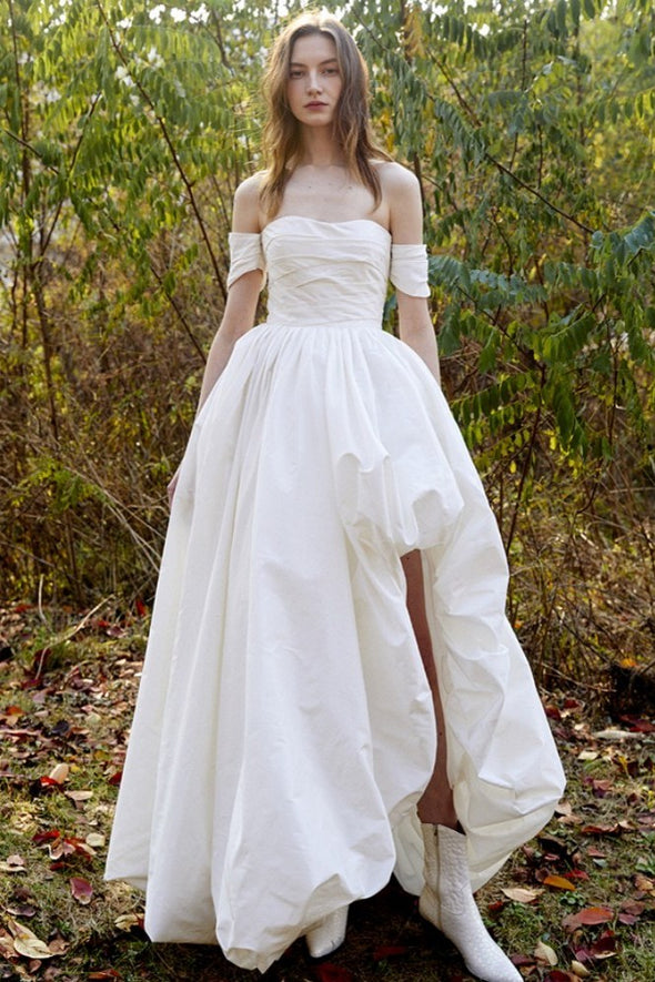 Taffeta Long Wedding Dress High Low Spring Bridal Gown 24311133