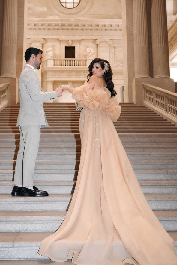 #DZ9432 Champagne organza Wedding Cape With 3D Flowers