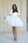 White Organza Square Neck Mini Homecoming Dress With Pearls