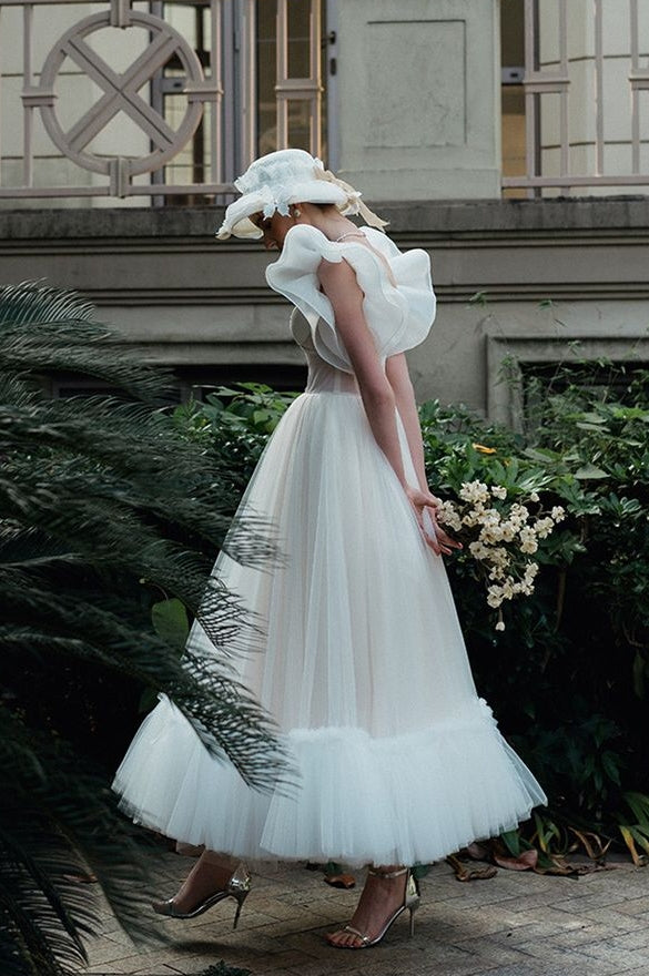 Fairy A Line Tulle Mid Calf Wedding Dress With Short Sleeves TANYA BRIDAL Fairy A Line Tulle Mid Calf Wedding Dress With Short Sleeves TANYA BRIDAL