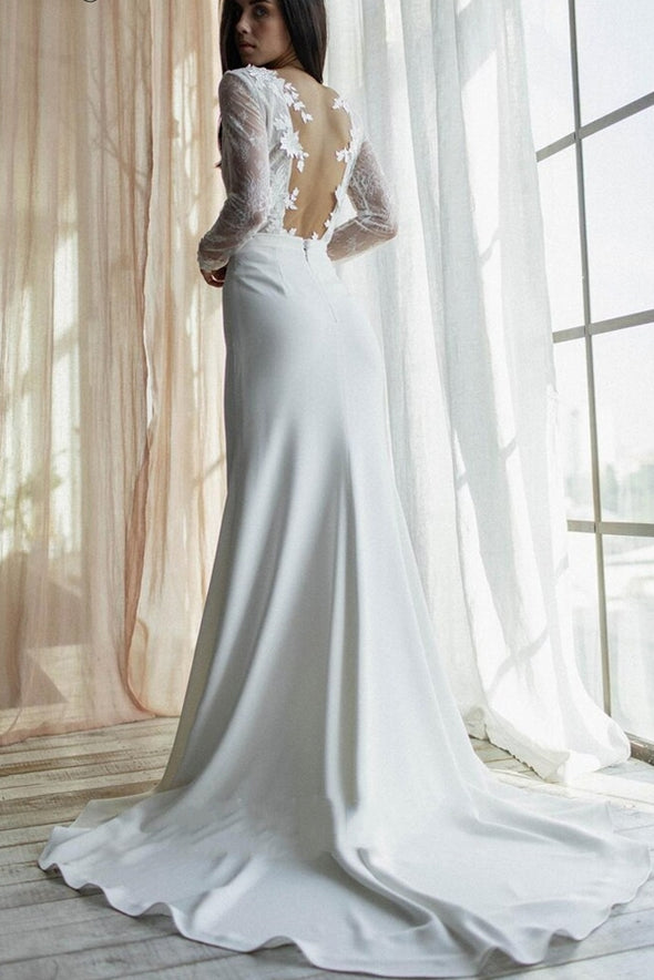 Long Sleeves Deep V High Split Wedding Dress