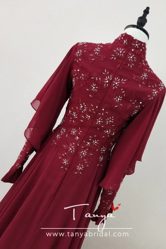 Chiffon Burgundy Elegant Arabic Muslim Wedding Dresses DQG923
