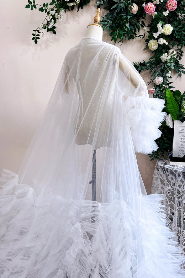 Ruffles Tulle Fashion Wedding Jacket Long Flare Sleeve Robe Outfit