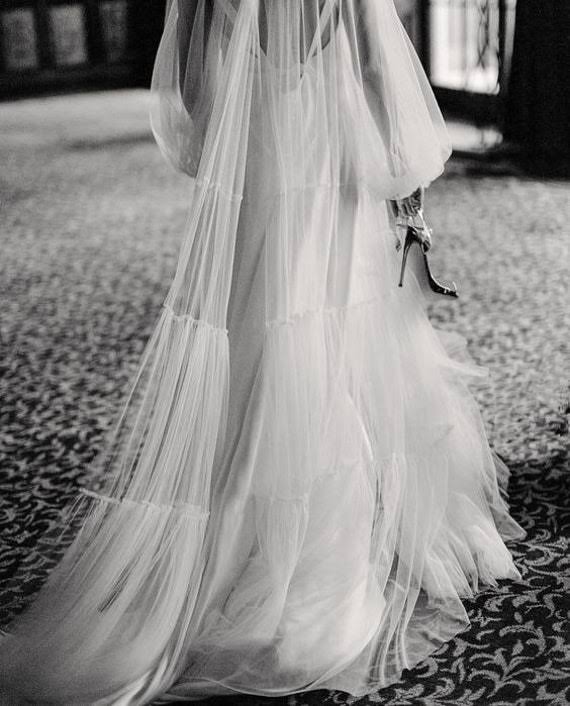 Bohemian Soft Tulle Long Sleeves Wedding Dress Ruffles