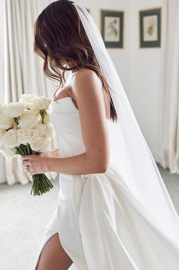 Modest Simple Long Wedding Gown With Split Court Train