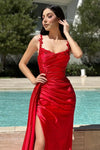 Red Spaghetti-Straps Sleeveless Mermaid Prom Dress With Split