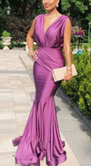 Simple Long Mermaid  V Neck Sleeveless Evening Gown 24381937