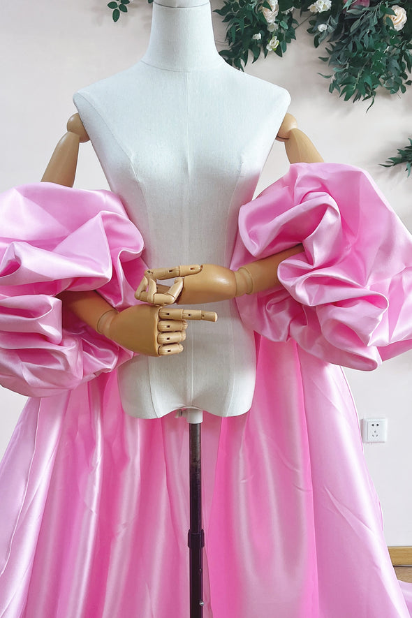 Pink Mikado Satin Long Wedding Party Outfit Lady Evening Cape