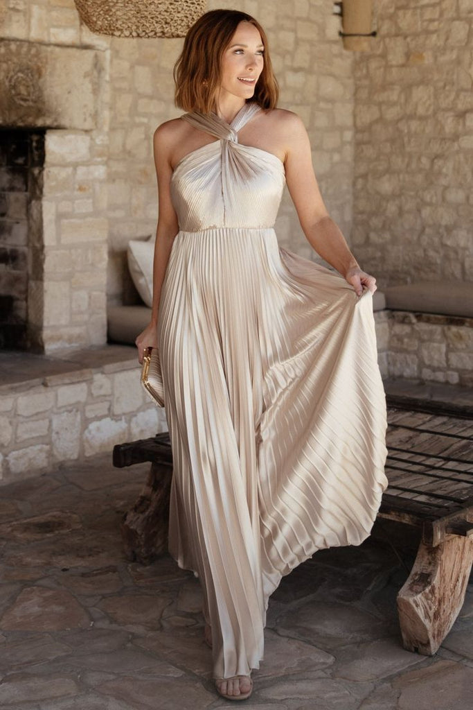 Halter Neck A Line Pleated Maxi Long Bridesmaid Dress – TANYA BRIDAL