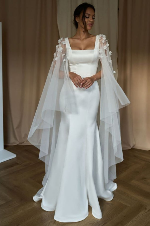Mermaid Wedding Dress Square Neck With Flowers Falre Sleeves