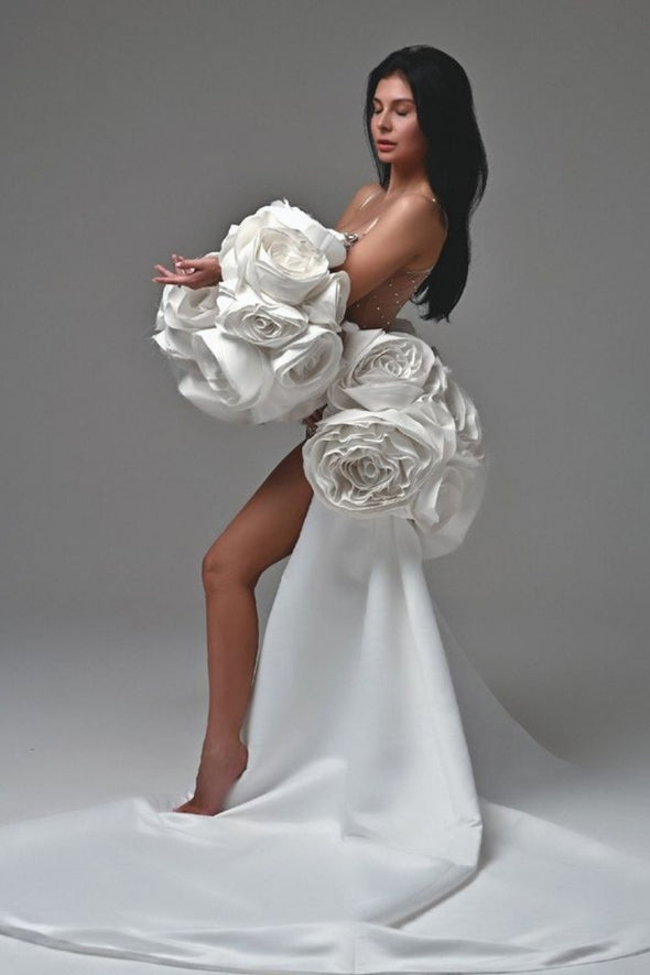 3D Rose Flower Lady Cape With Train Runway Coat