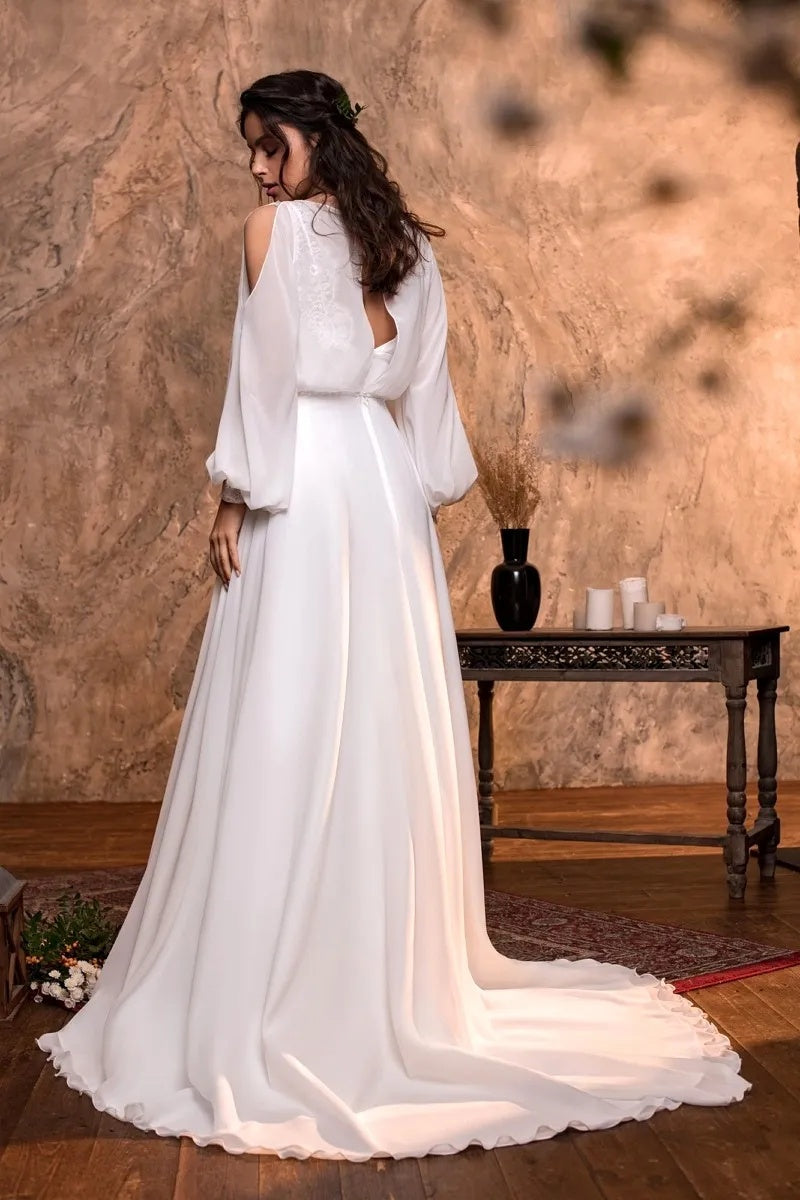 DZ9490 Flowing Chiffon A Line Wedding Dress For Bride With Long Sleev – TANYA BRIDAL