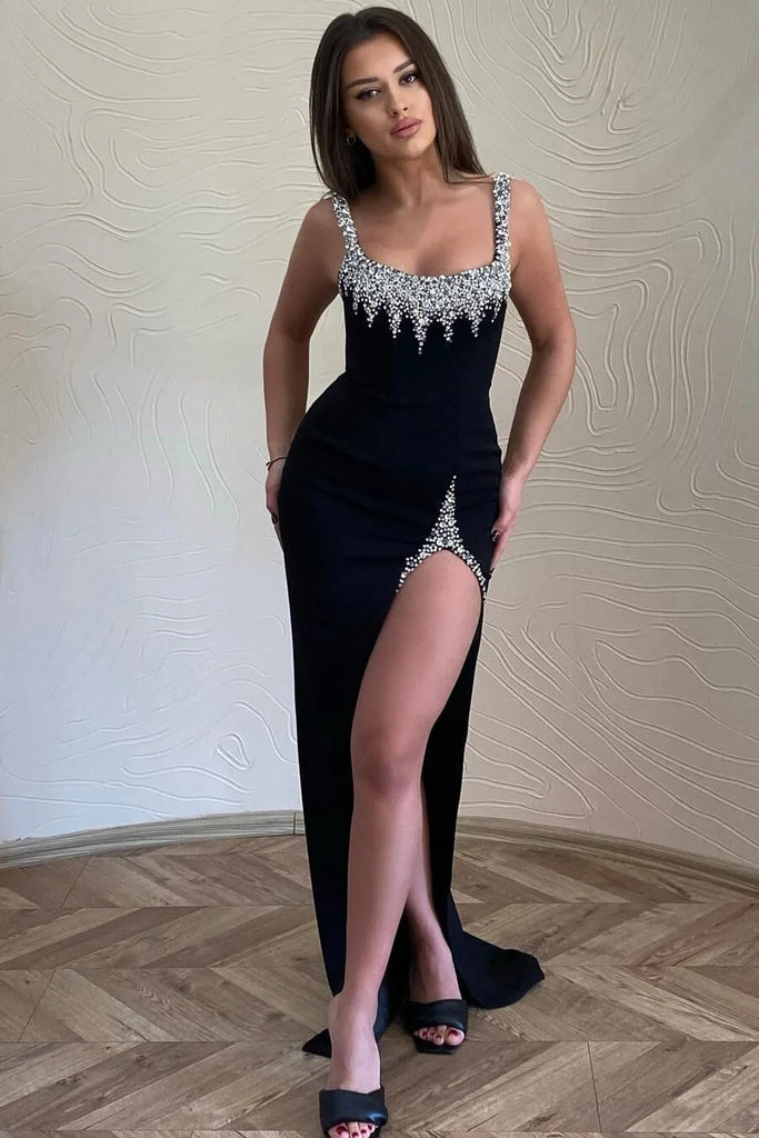 black mermaid dress with split Black Sleeveless Mermaid Prom Dress With Split Beadings – TANYA BRIDAL