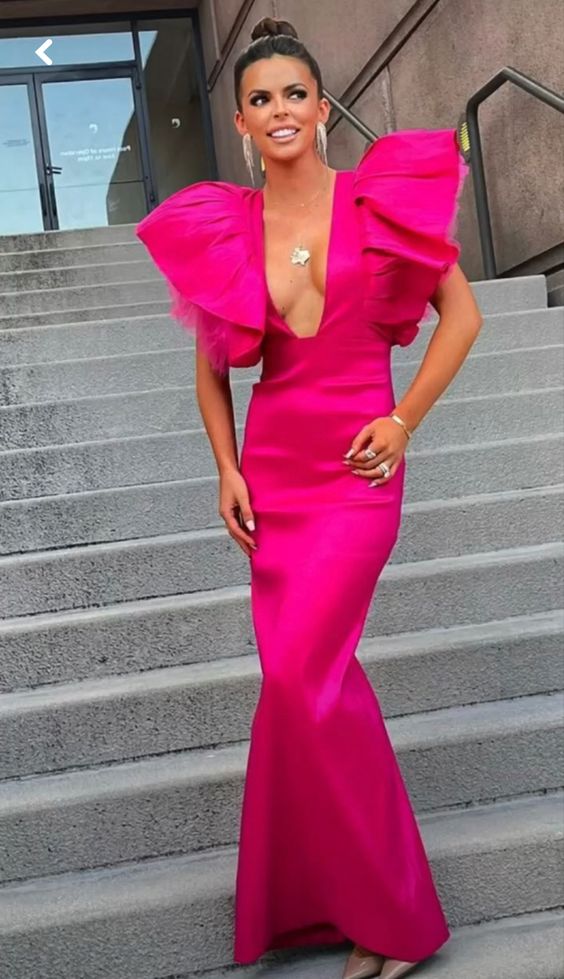 Fuchsia V Neck Mermaid Long Evening Dress