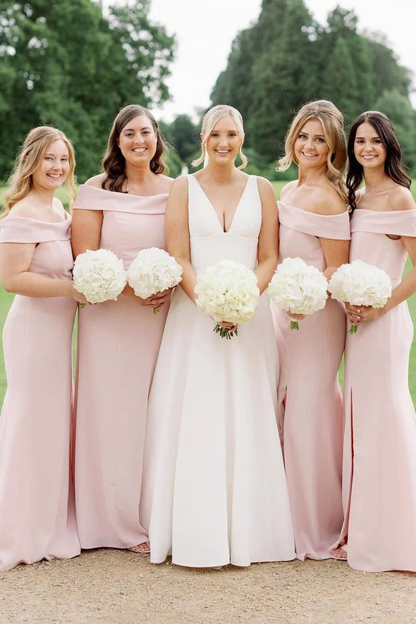 Off The Shoulder Soft Satin Side Slit Bridesmaid Dress – TANYA BRIDAL