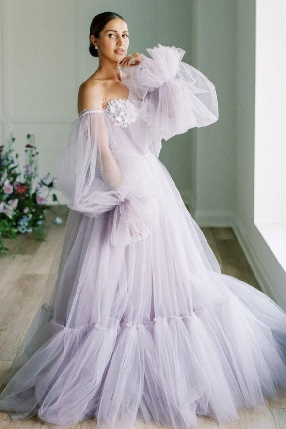 Light Gray Lavender A Line Tulle Wedding Dress With Detachable Sleeves