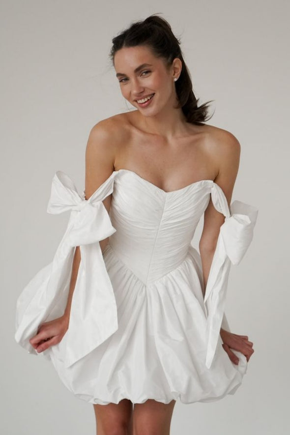 Off White Taffeta Short Wedding Dress / Homecoming Gown Off The Shoulder