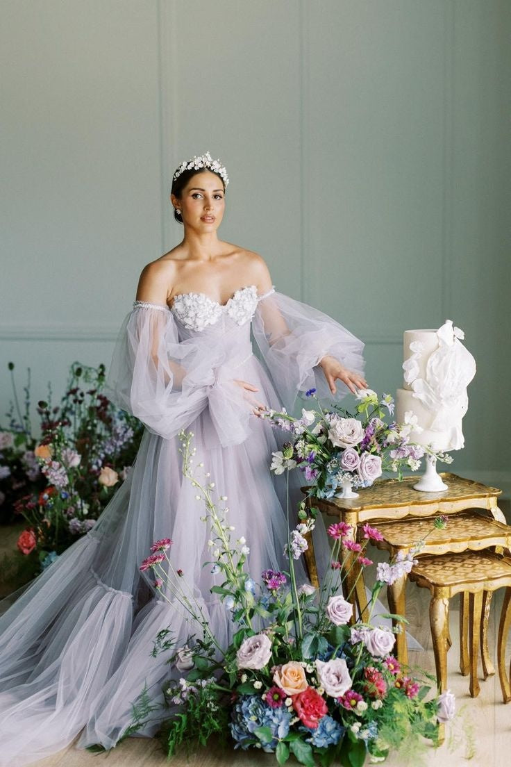 Light Gray Lavender A Line Tulle Wedding Dress With Detachable Sleeves TANYA BRIDAL Light Gray Lavender A Line Tulle Wedding Dress With Detachable Sleeves TANYA BRIDAL