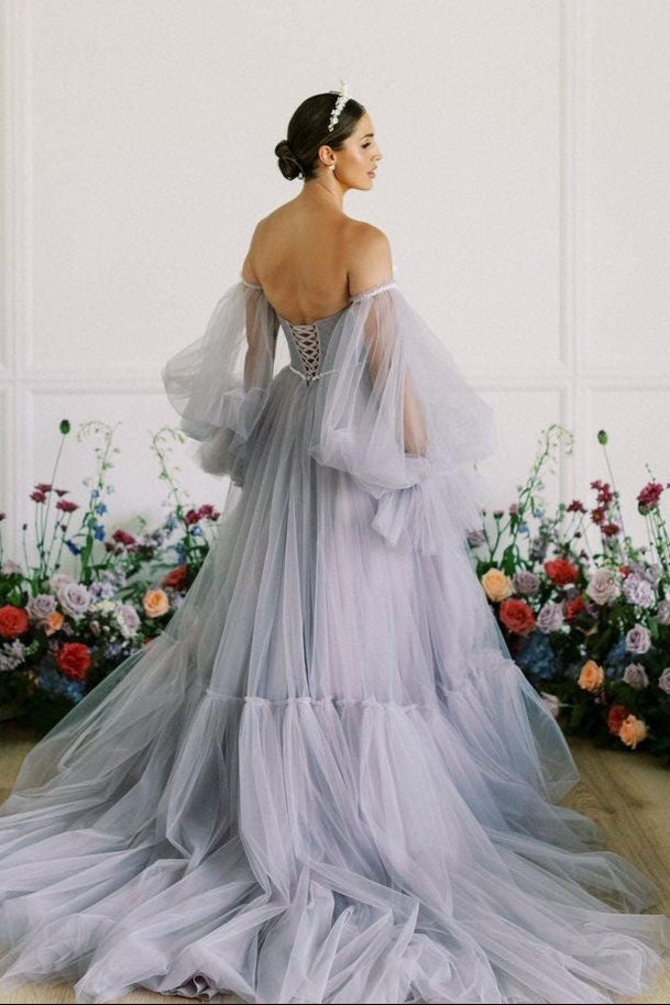 Light Gray Lavender A Line Tulle Wedding Dress With Detachable Sleeves