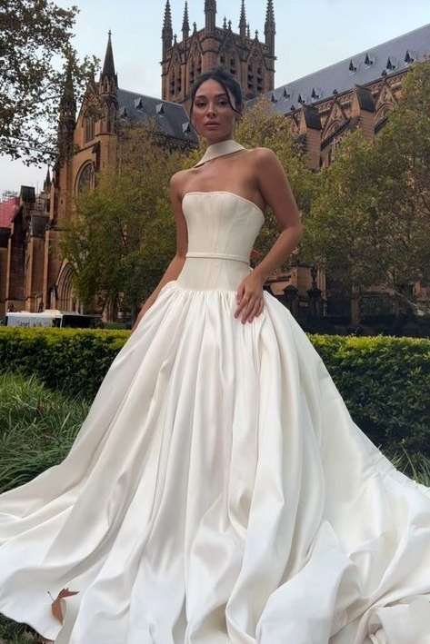 Ivory Satin Wedding Dress Strapless With Neck Scarf TANYA BRIDAL Ivory Satin Wedding Dress Strapless With Neck Scarf TANYA BRIDAL