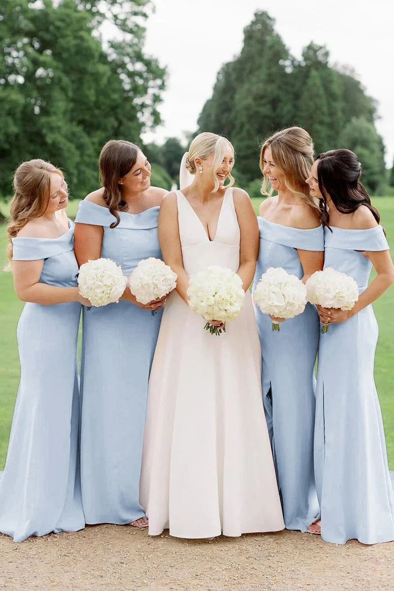Off The Shoulder Soft Satin Side Slit Bridesmaid Dress TANYA BRIDAL Off The Shoulder Soft Satin Side Slit Bridesmaid Dress TANYA BRIDAL