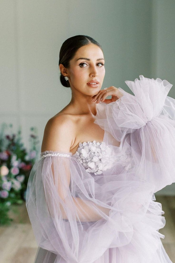 Light Gray Lavender A Line Tulle Wedding Dress With Detachable Sleeves