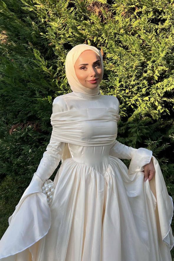 #DZ9445  Taffeta Muslim Wedding Dress Long Sleeves