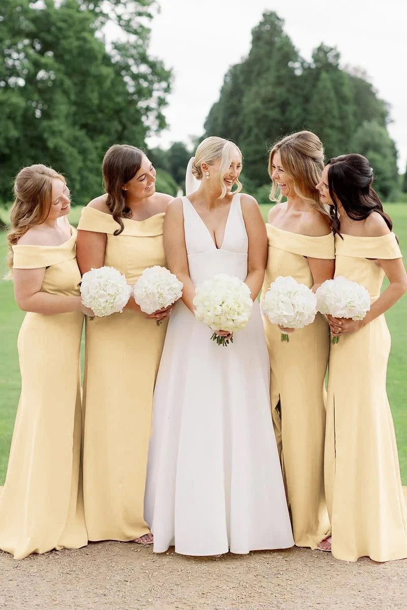 Off The Shoulder Soft Satin Side Slit Bridesmaid Dress TANYA BRIDAL Off The Shoulder Soft Satin Side Slit Bridesmaid Dress TANYA BRIDAL