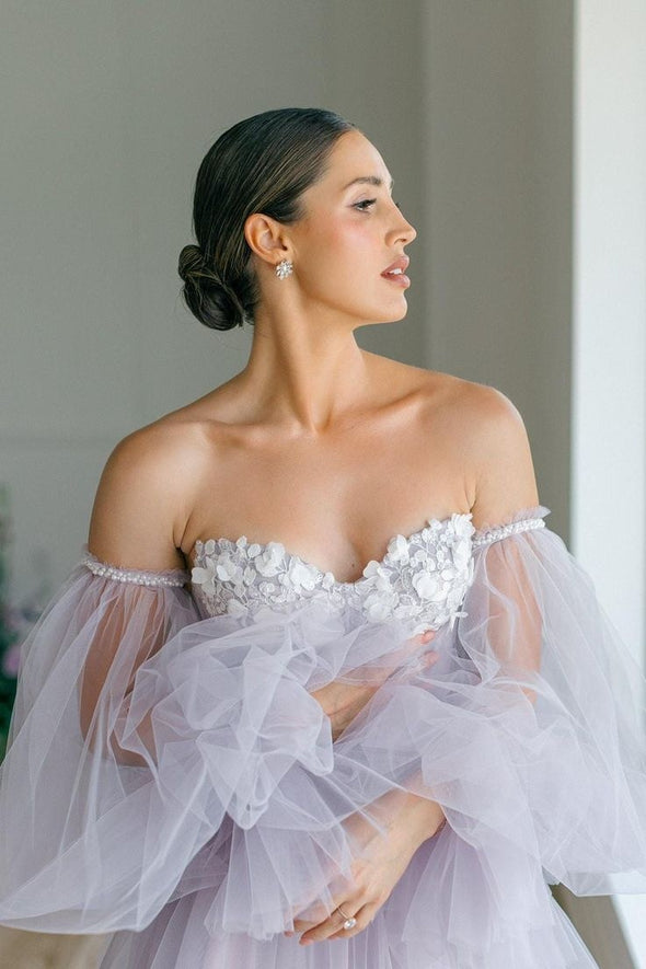 Light Gray Lavender A Line Tulle Wedding Dress With Detachable Sleeves