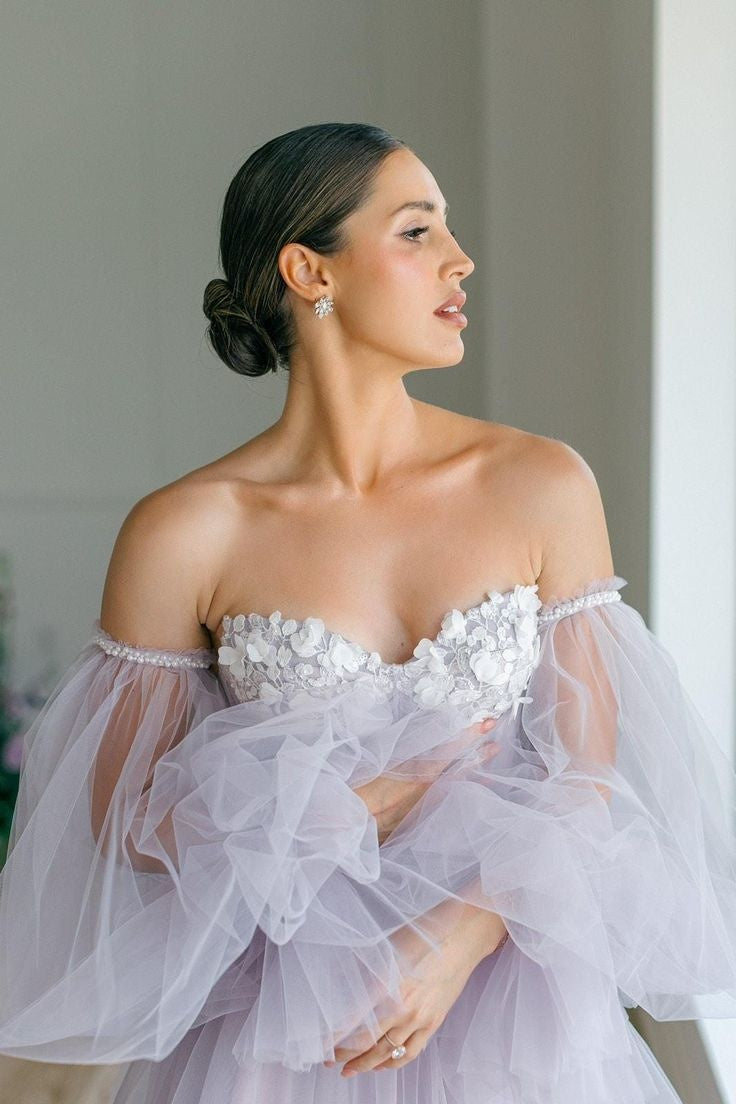 Light Gray Lavender A Line Tulle Wedding Dress With Detachable Sleeves TANYA BRIDAL Light Gray Lavender A Line Tulle Wedding Dress With Detachable Sleeves TANYA BRIDAL