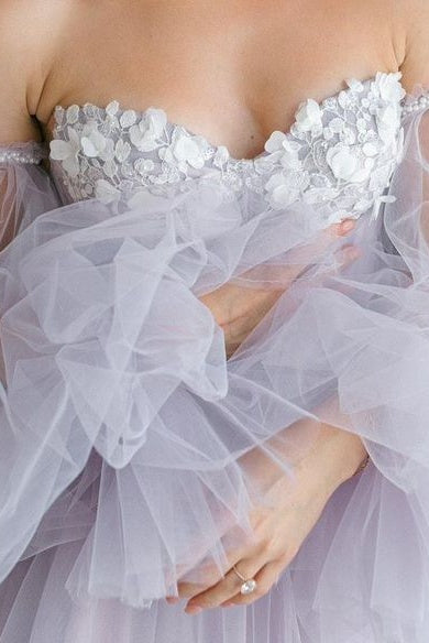 Light Gray Lavender A Line Tulle Wedding Dress With Detachable Sleeves TANYA BRIDAL Light Gray Lavender A Line Tulle Wedding Dress With Detachable Sleeves TANYA BRIDAL