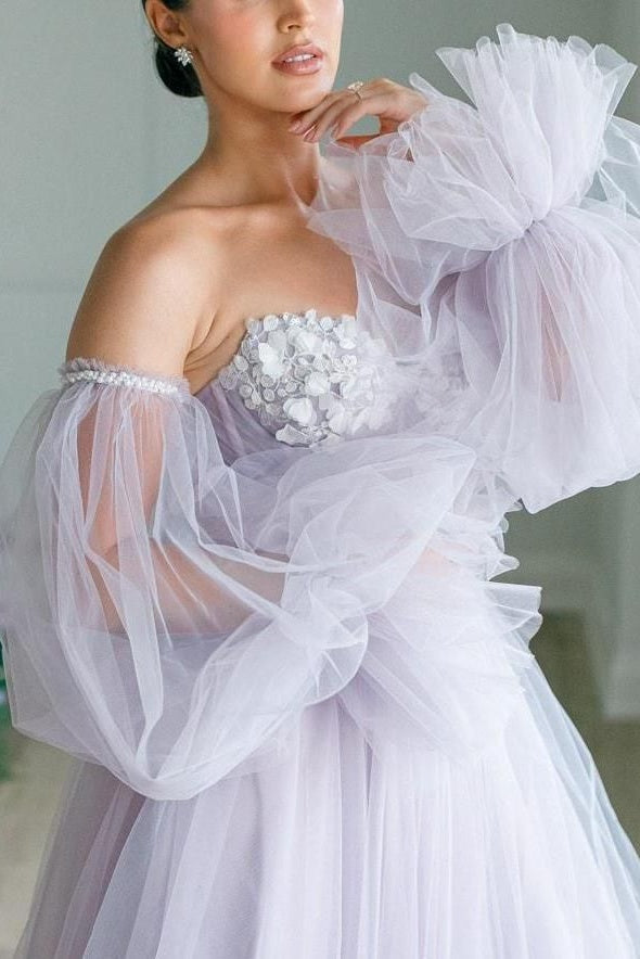 Light Gray Lavender A Line Tulle Wedding Dress With Detachable Sleeves TANYA BRIDAL Light Gray Lavender A Line Tulle Wedding Dress With Detachable Sleeves TANYA BRIDAL