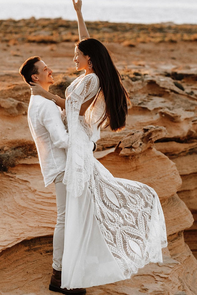 Long Split Bell Sleeves Boho Chiffon Lace Wedding Dress TANYA BRIDAL Long Split Bell Sleeves Boho Chiffon Lace Wedding Dress TANYA BRIDAL
