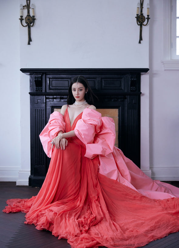 Pink Taffeta Fashion Bow Cape With Long Train  DJ203