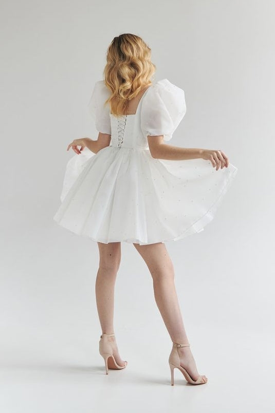White Organza Square Neck Mini Homecoming Dress With Pearls TANYA BRIDAL White Organza Square Neck Mini Homecoming Dress With Pearls TANYA BRIDAL
