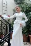 #DZ9317 Long Sleeves With Feather Elegant Sheath Wedding Dress