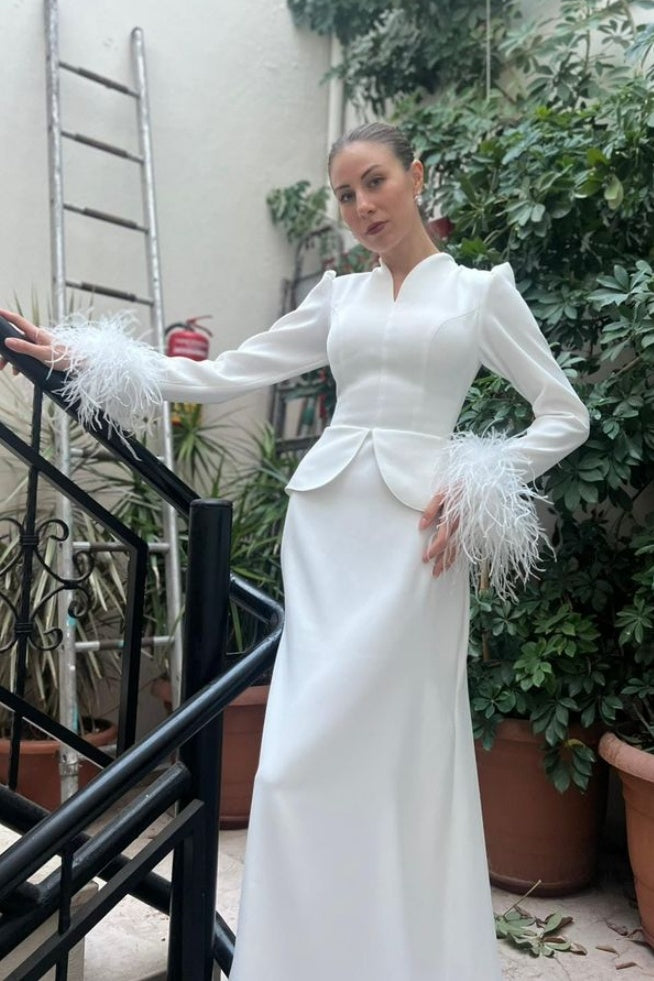 long sleeve feather wedding dress White Form Fitting Feather Sleeves Wedding Gown JB07433