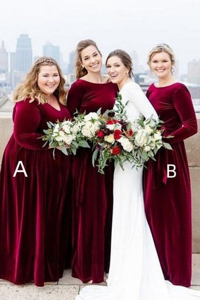 #DZ9340 Long Velvet Bridesmaid Dress Full Sleeves