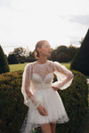 Elegant Dot Tulle High Low Wedding Dress Full Sleeves With Pearls Button