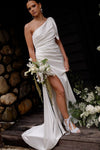 One Shoulder Simple Satin Wedding Dress Pleated With Split