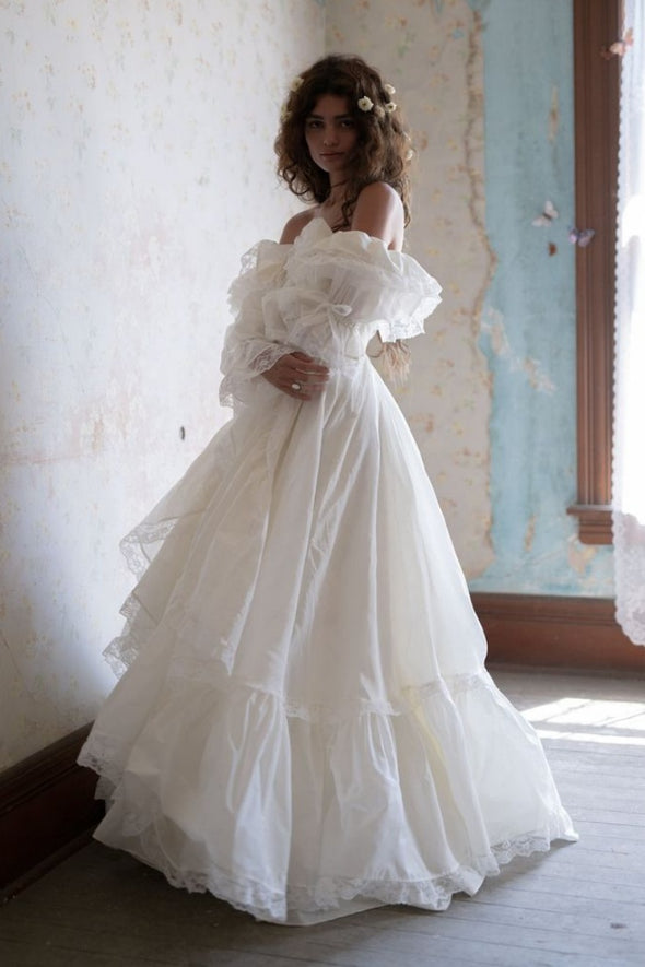 Long Taffeta A Line Off The Shoulder Lace Edge Wedding Gown