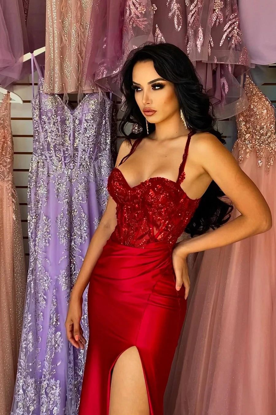 Red Spaghetti-Straps Prom Dress Mermaid Split Long With Sequins TANYA BRIDAL Red Spaghetti-Straps Prom Dress Mermaid Split Long With Sequins TANYA BRIDAL