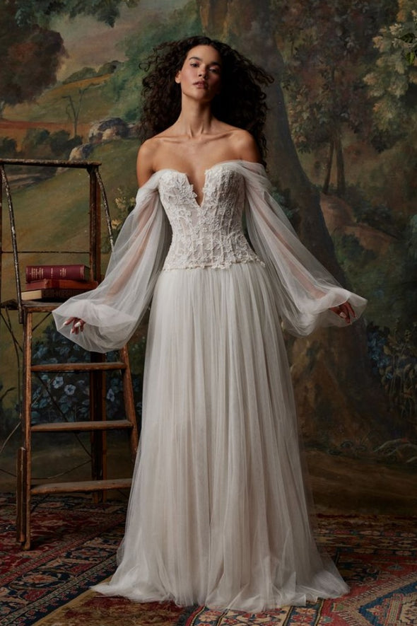 Off The Shoulder Long Sleeves A Line Lace Tulle Wedding Dress