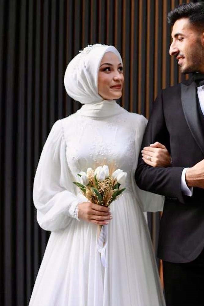 Chiffon Long Muslim Wedding Dress With Lace Beads TANYA BRIDAL Chiffon Long Muslim Wedding Dress With Lace Beads TANYA BRIDAL