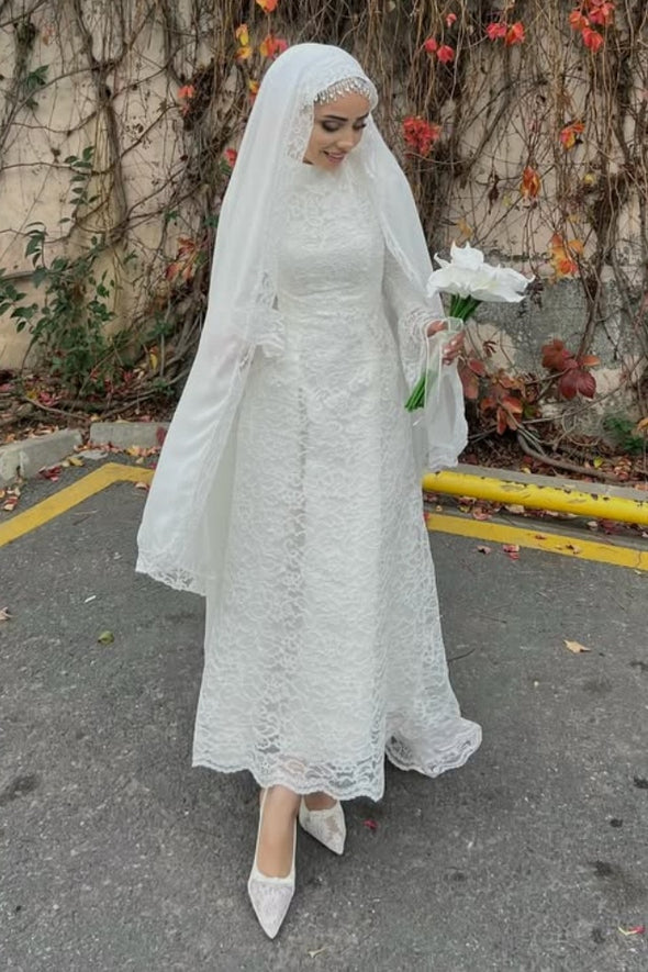 #DZ9440 Mermaid Long Lace Muslim Wedding Dress Elegant